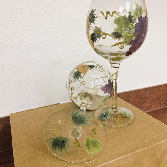 WINE GLASSES - set 6 Hand Painted GRAPES, VINES, LEAVES Design Wine Glasses 8.5" - Picture 8 of 8